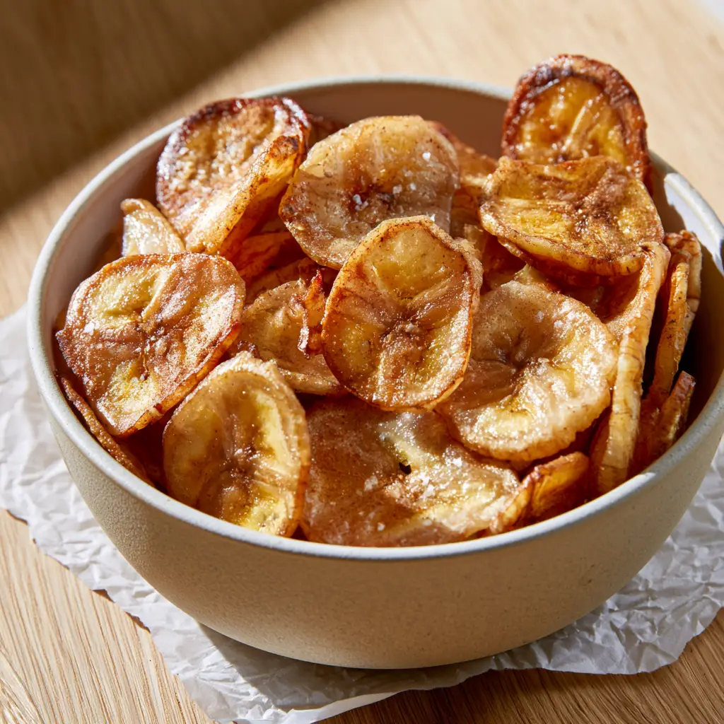 Golden-brown banana chips dusted with cinnamon powder on crumpled white parchment paper.