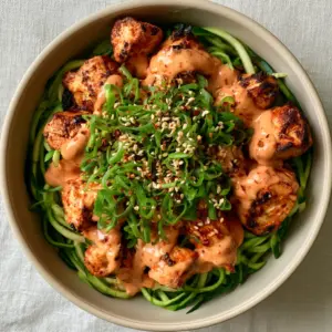 Top-down view of Low Carb Bang Bang Chicken showing jagged crispy edges and glossy orange-pink sauce drizzled over fresh zucchini noodles.
