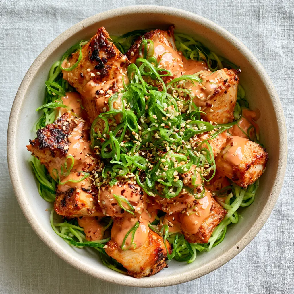 High-end food styling of Low Carb Bang Bang Chicken garnished with sesame seeds and scallions in a neutral bowl.