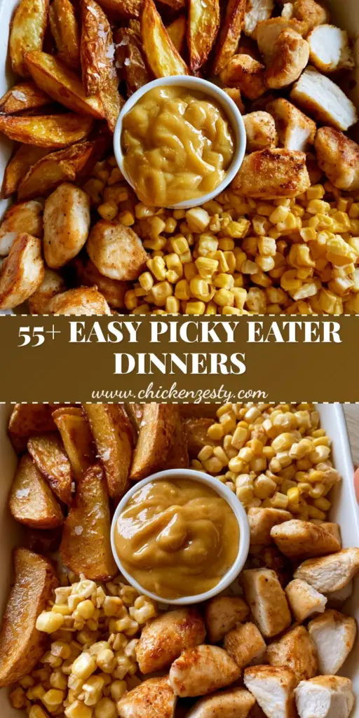 A deconstructed dinner platter for picky eater recipes featuring pan-seared chicken, golden roasted potatoes, and sweet corn on a white tray.