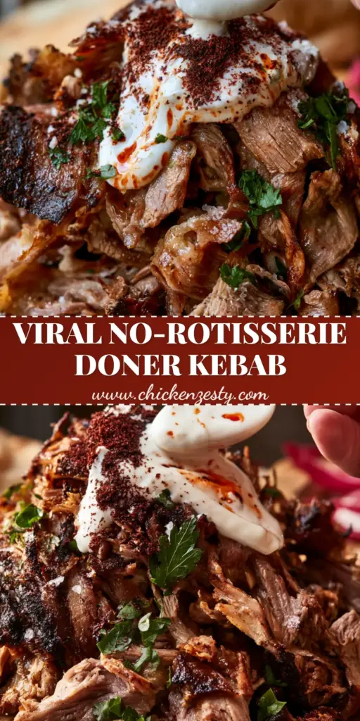 A towering mountain of shaved Doner Kebab meat on a wooden board topped with garlic yogurt sauce and red chili oil.