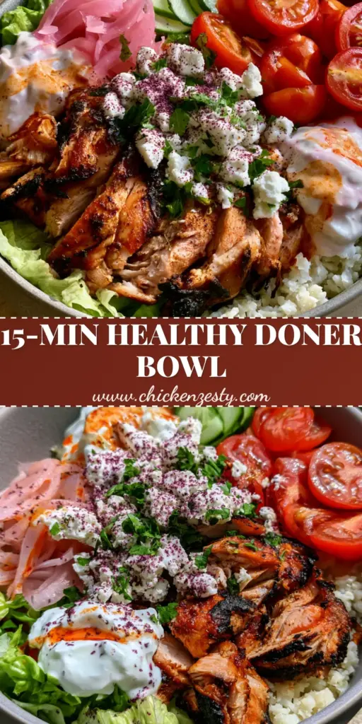 Doner Bowl Recipe with Seared Chicken and Harissa Drizzle 4 A top-down view of a vibrant Mediterranean doner bowl with charred chicken, cauliflower rice, and fresh vegetables.