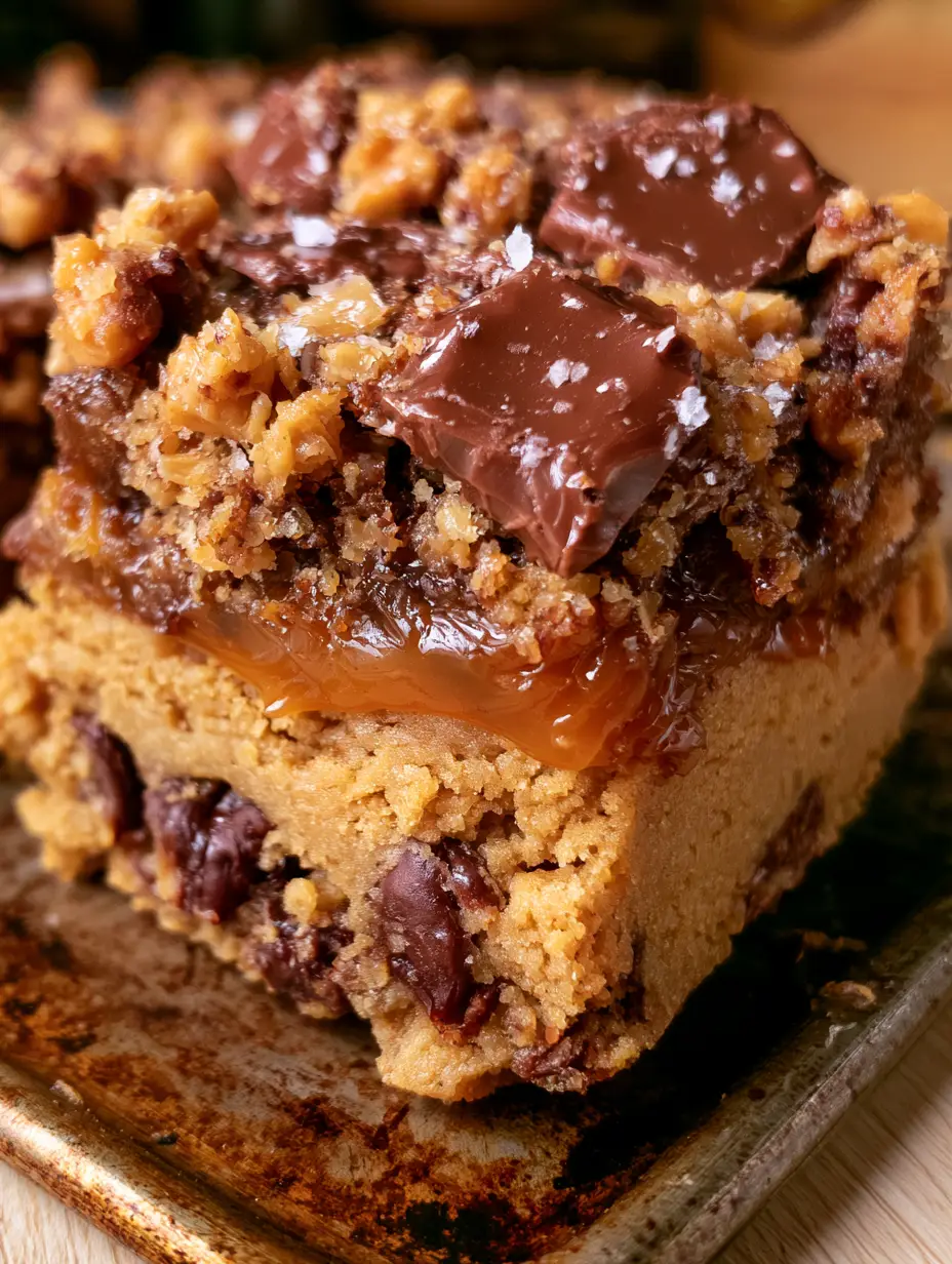 Extreme close-up of a Peanut Butter Caramel Toffee Chocolate Chip Cookie Bar being lifted from a metal pan with visible translucent caramel.