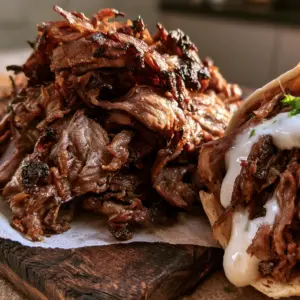 Extreme close-up of a pile of ultra-thin shaved ribbons of Homemade doner kebab meat with dark charred edges on rustic wood.