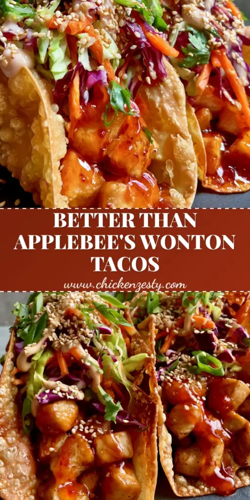 Three Applebee's style Chicken Wonton Tacos standing upright with crispy golden shells, glazed chicken, and vibrant purple and green slaw garnish.