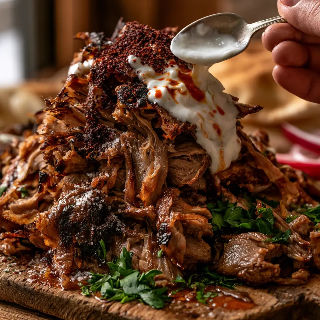 A hand drizzling velvety white garlic sauce over a pile of Doner Kebab meat marbled with red chili oil.