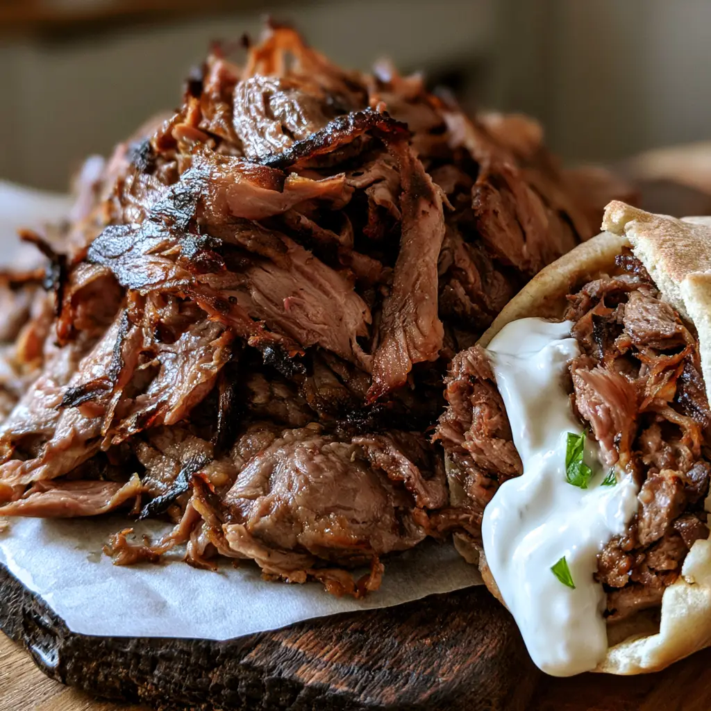 Handheld photo of a pita wrap stuffed with Homemade doner kebab, glistening meat juices, and white garlic yogurt sauce.