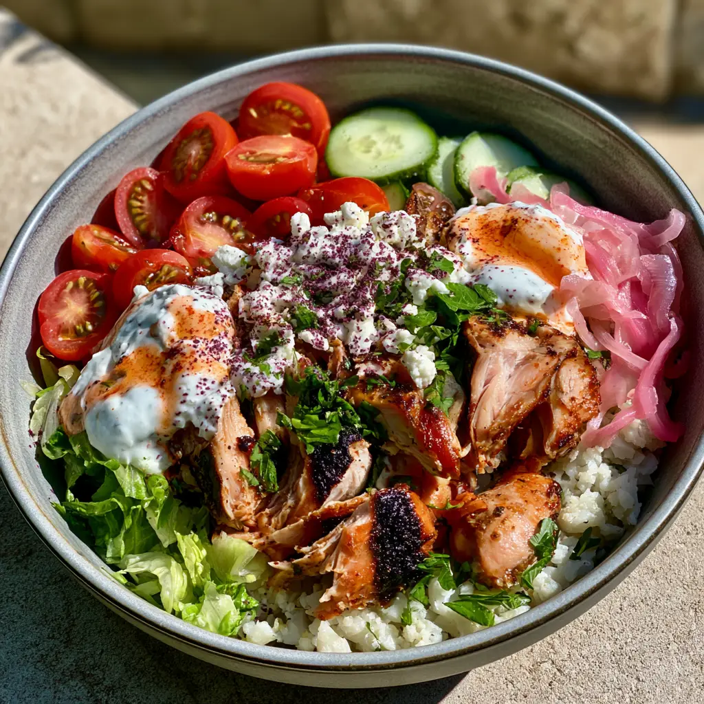 Doner Bowl Recipe with Seared Chicken and Harissa Drizzle 2 Close-up of shaved chicken thighs with charred edges in a doner bowl.