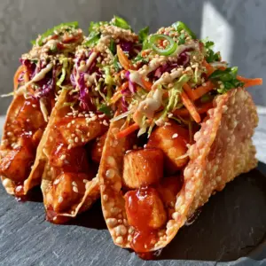 Close up handheld smartphone photo of Chicken Wonton Tacos showing the bubbly texture of the amber shells and the glossy red chili sauce.
