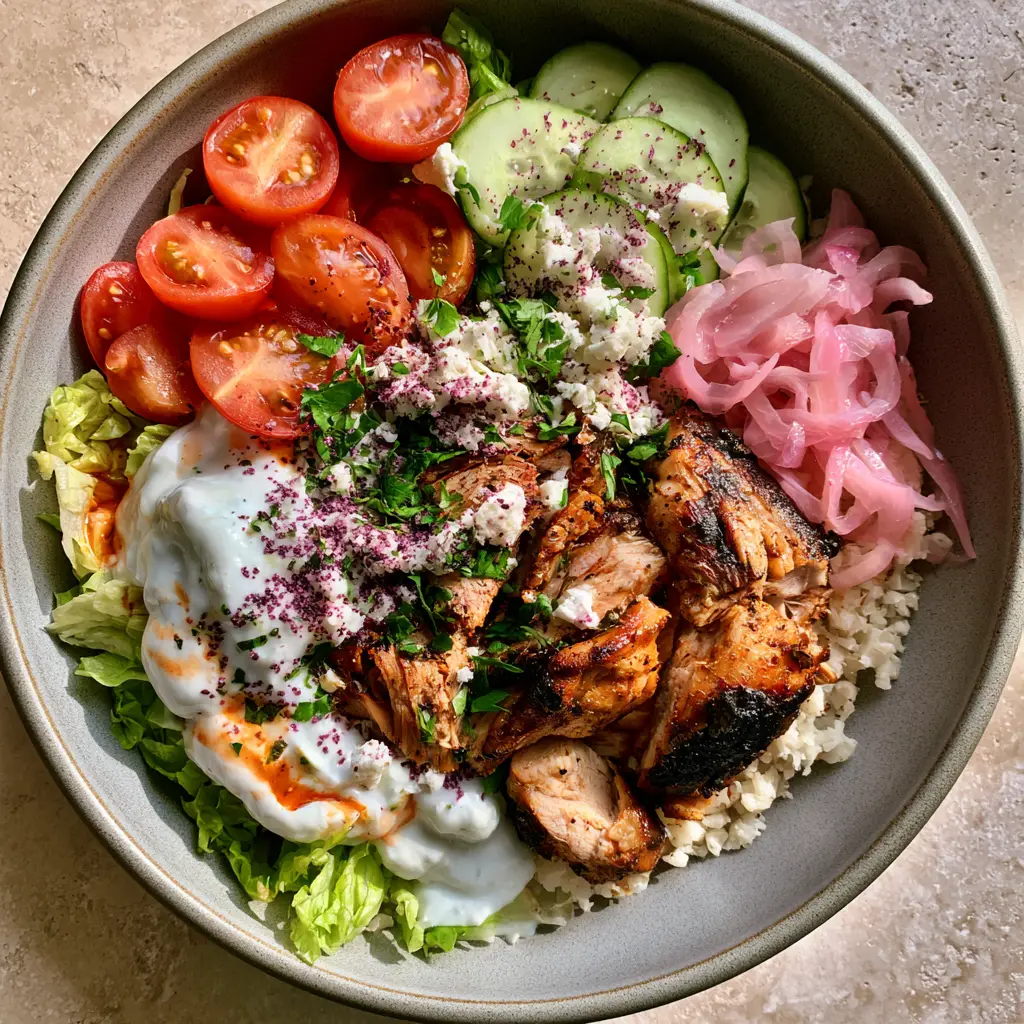 Doner Bowl Recipe with Seared Chicken and Harissa Drizzle 1 A matte grey ceramic bowl filled with a doner bowl ingredients including feta and harissa oil.