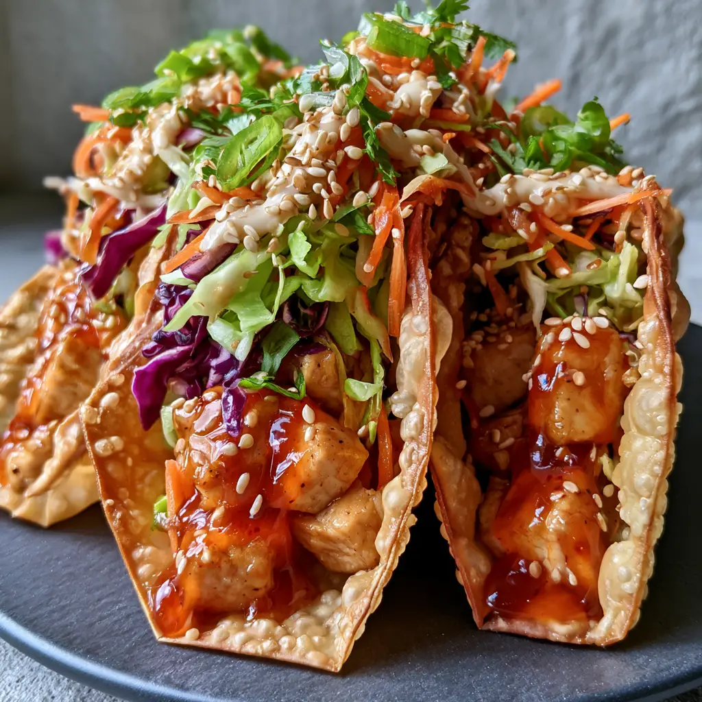 Overhead view of glazed Chicken Wonton Tacos topped with neon-green cabbage and creamy sesame sauce zig-zags.