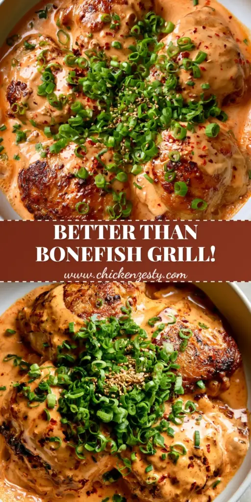 Overhead view of Skillet Bang Bang Chicken Thighs in a white ceramic skillet, coated in glossy orange sauce with scallions and sesame seeds.