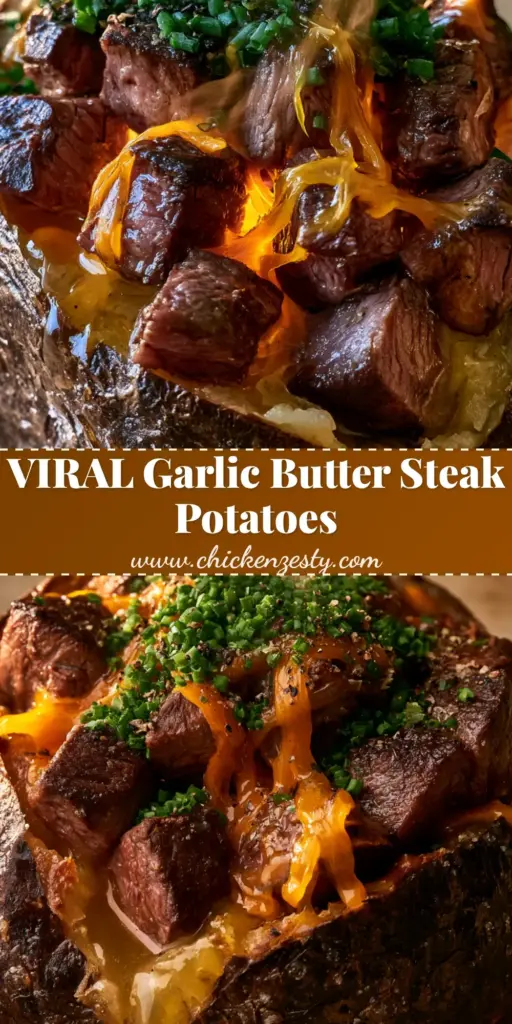 A close-up shot of steak stuffed baked potatoes with melted cheddar, steaming fluffy interior, and glistening garlic butter.