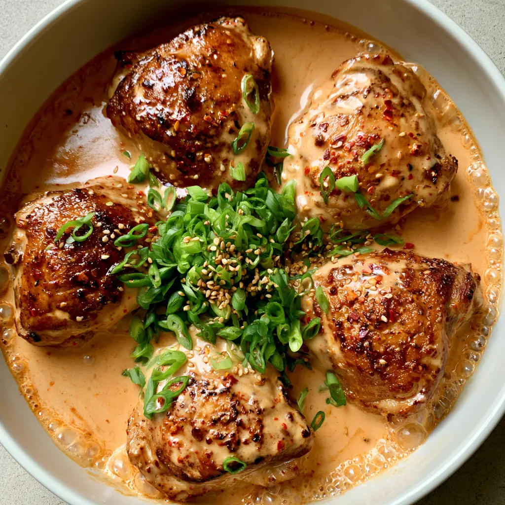 Close-up of Skillet Bang Bang Chicken Thighs showing the texture of the bubbling sauce and fresh scallion garnish.