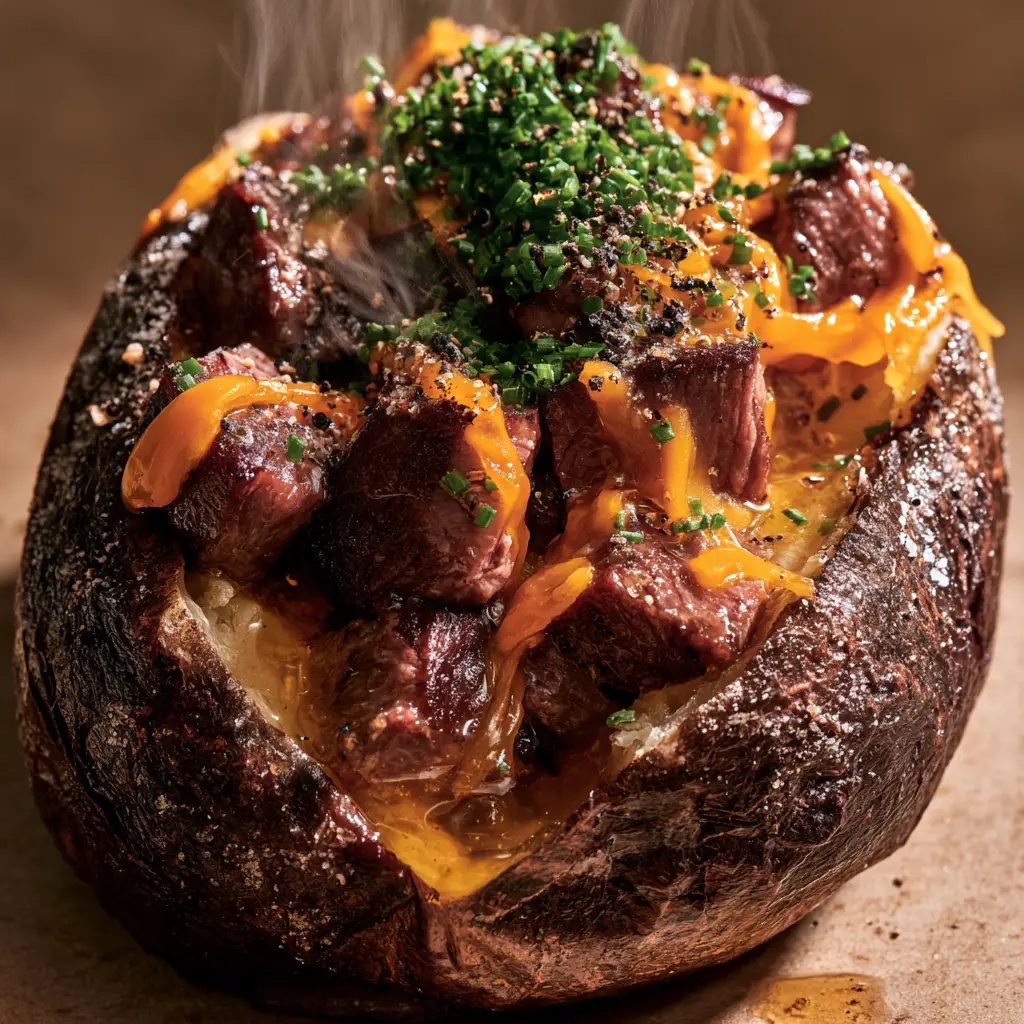 Extreme close up of liquid garlic butter glistening on steak bites inside a baked potato. (steak stuffed baked potatoes)
