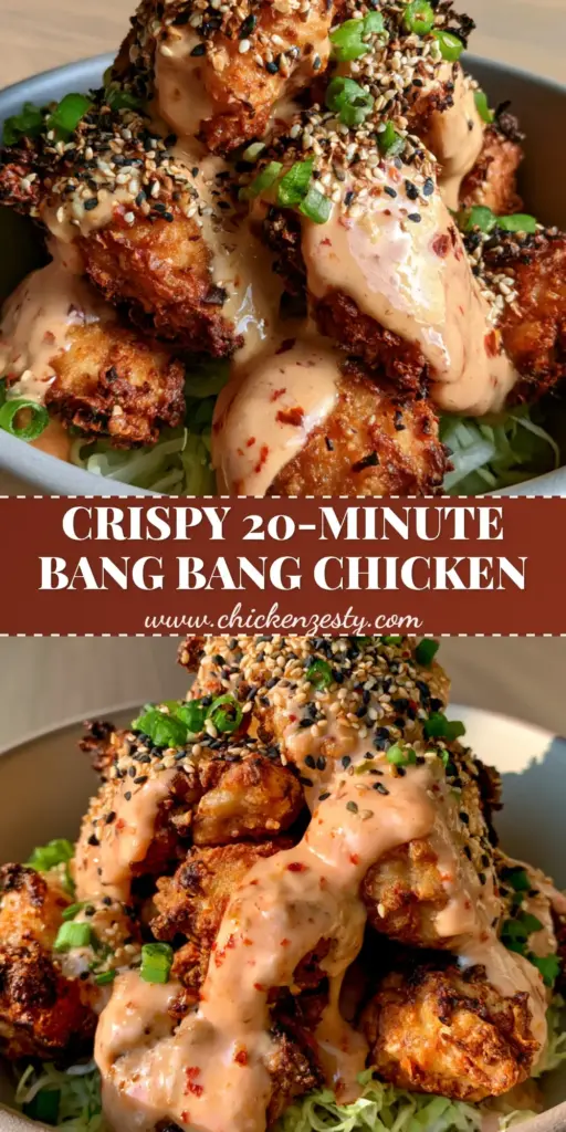 A close-up shot of crispy air-fried bang bang chicken nuggets heavily coated in a creamy pale-orange sauce with red pepper flakes and sesame seeds.