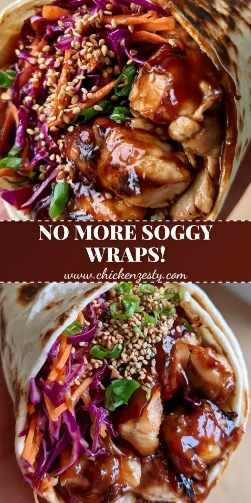 A handheld Teriyaki Chicken Wrap sliced diagonally to reveal glossy mahogany chicken, purple cabbage, and orange carrots in a charred tortilla.