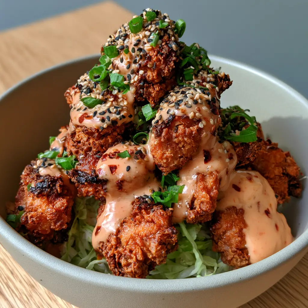 Overhead view of crispy bang bang chicken with visible red chili flakes, black and white sesame seeds, and green scallions.