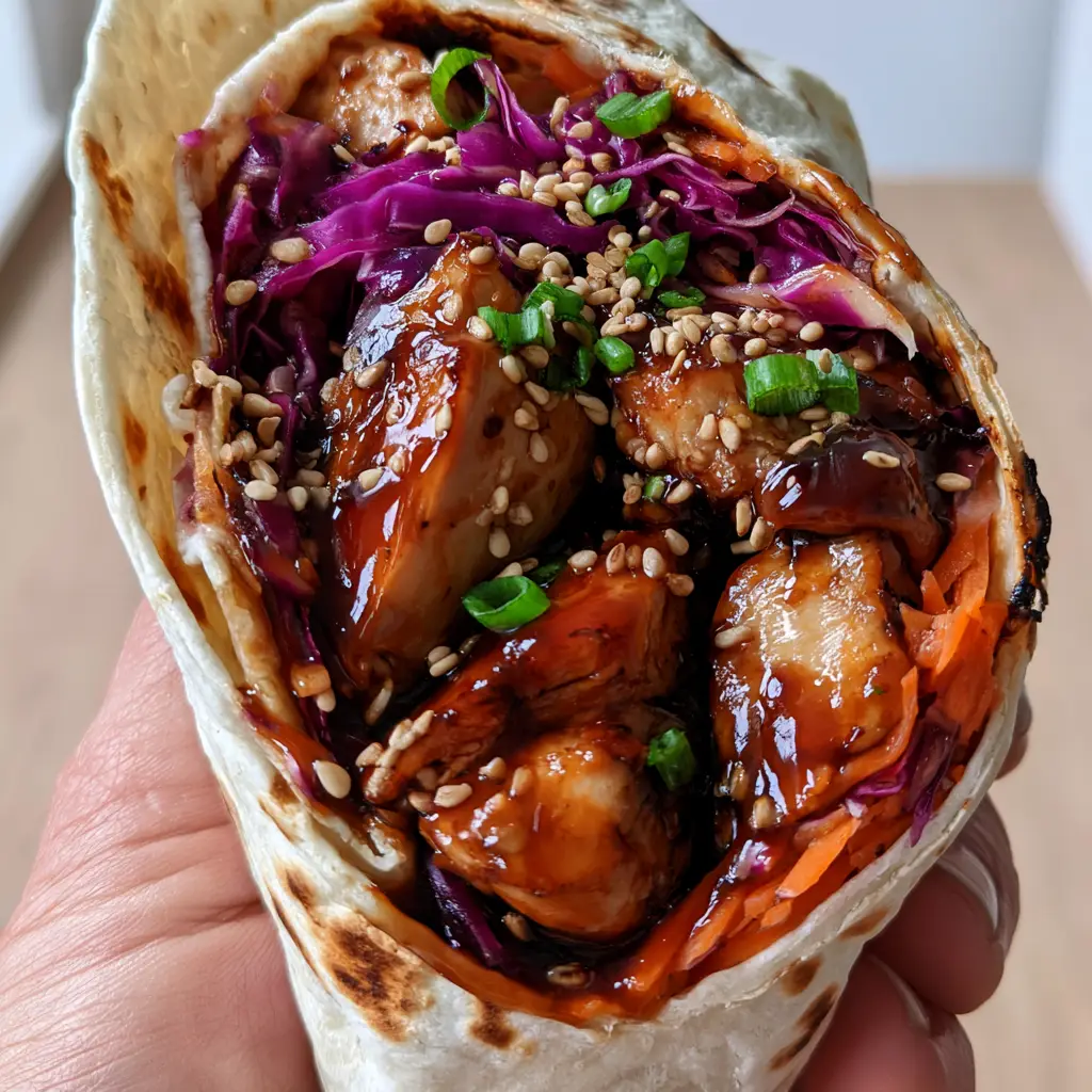 Close up of pan-seared chicken thighs in a thick mahogany teriyaki sauce for the wrap.