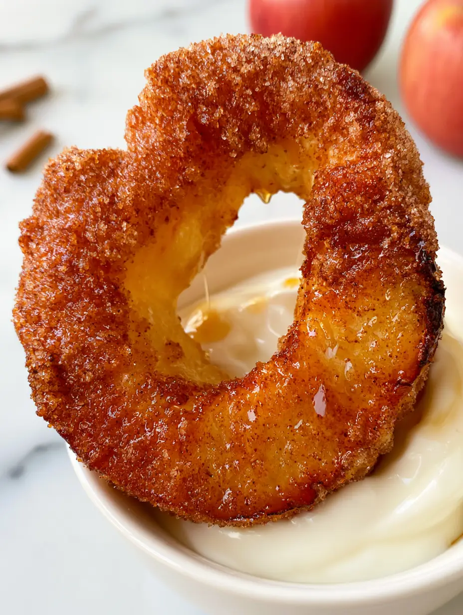 Thick-cut Air Fryer Cinnamon Apple Rings with glistening coarse sugar crystals and a maple syrup drizzle on a white marble surface.