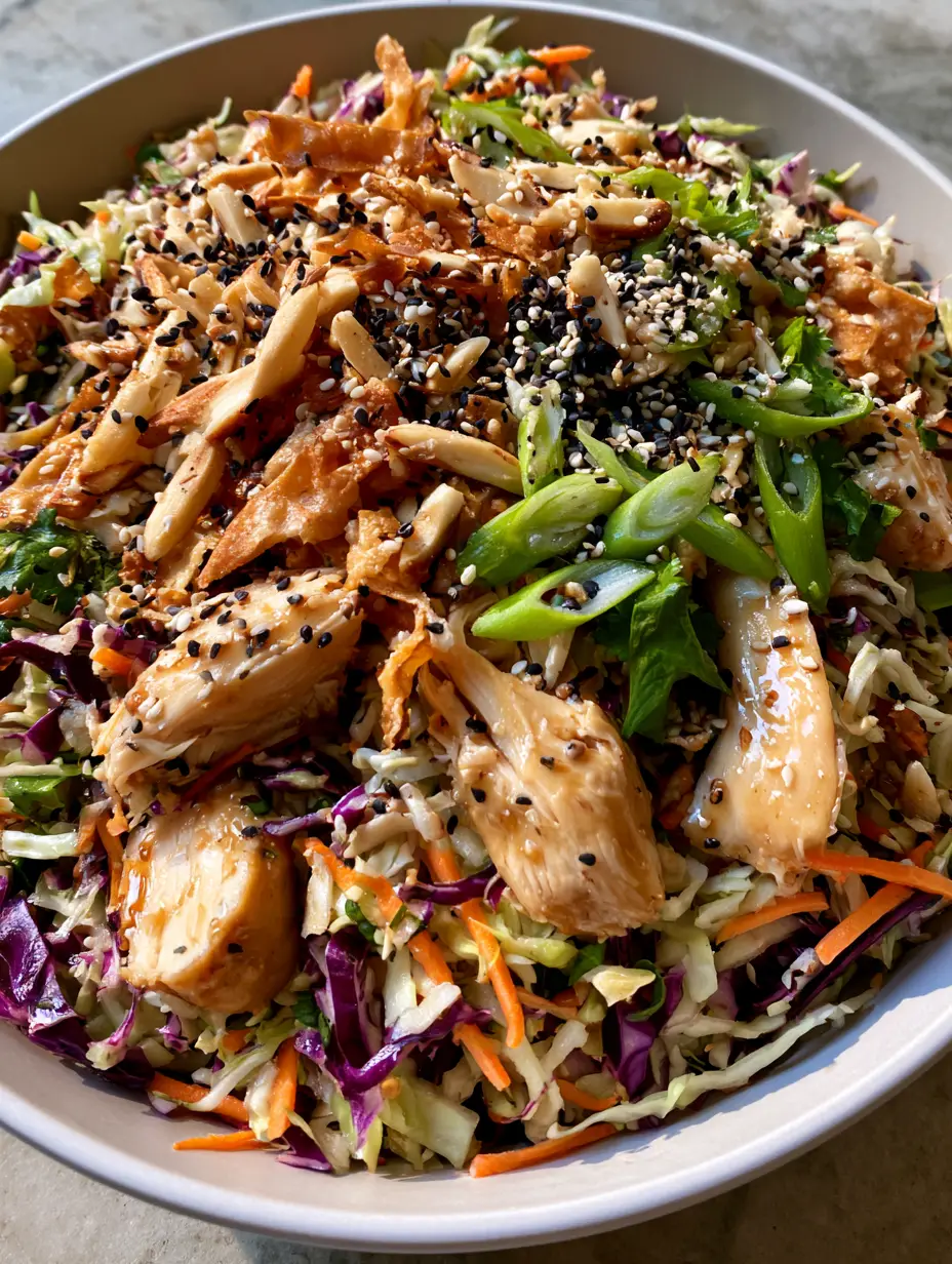 Chinese Chicken Salad: The Ultimate 10-Minute Restaurant-Style Crunch 3 Close-up macro shot of Chinese Chicken Salad showing glistening ginger-sesame vinaigrette and purple cabbage.