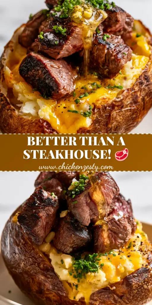 A close-up of steak-stuffed baked potatoes with melted cheddar and a glistening garlic butter pour.