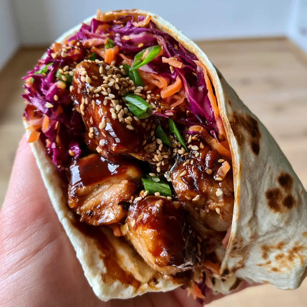 Assembled Teriyaki Chicken Wrap showing textures of cabbage, sesame seeds, and scallions.