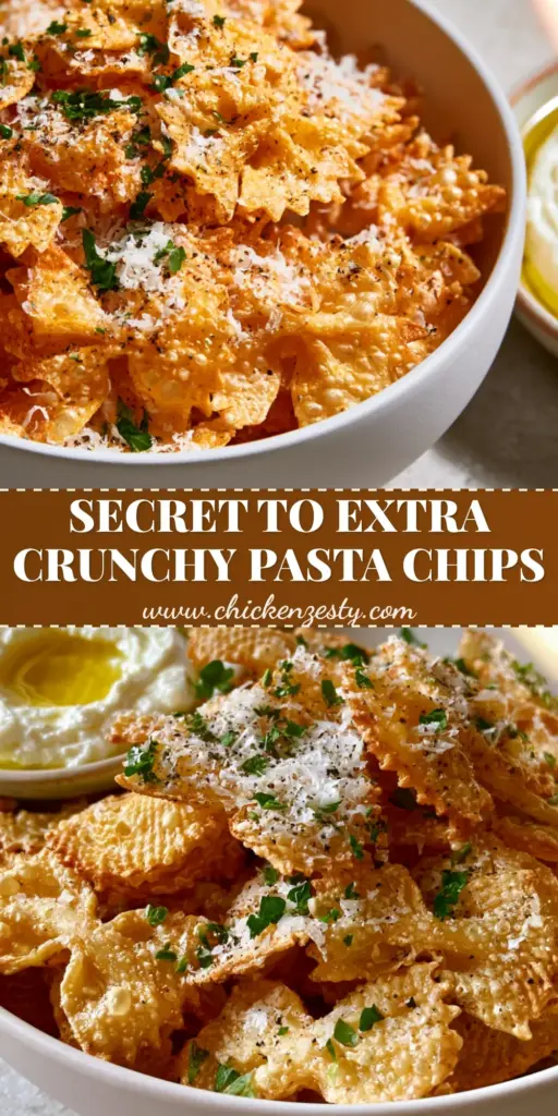 A tall pile of golden-brown blistered farfalle Air Fryer Pasta Chips in a white bowl with a side of whipped feta dip.