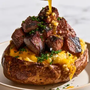 Macro shot of steak-stuffed baked potatoes showing seared steak bites and charred edges.
