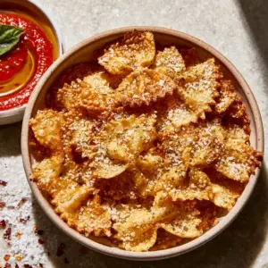 Top-down view of blistered bow-tie pasta chips heavily dusted with parmesan cheese. (Oven-baked pasta chips)