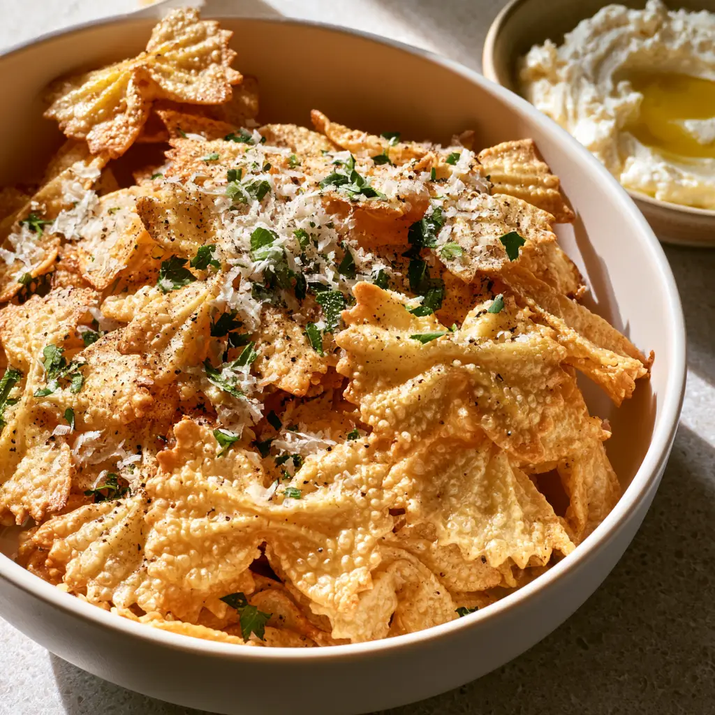 Extreme close-up of Air Fryer Pasta Chips showing the bubbly and blistered texture of the bowtie pasta.