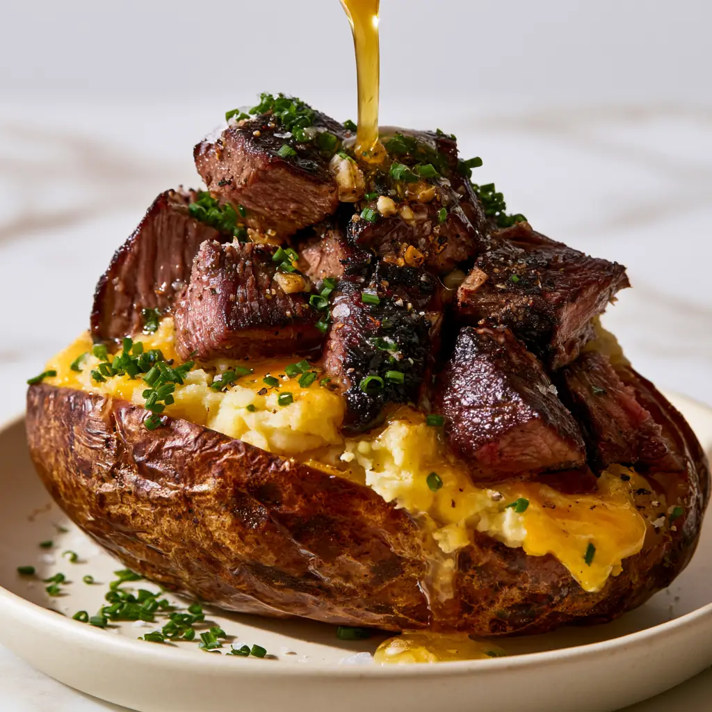 Glistening garlic butter being poured over steak-stuffed baked potatoes.