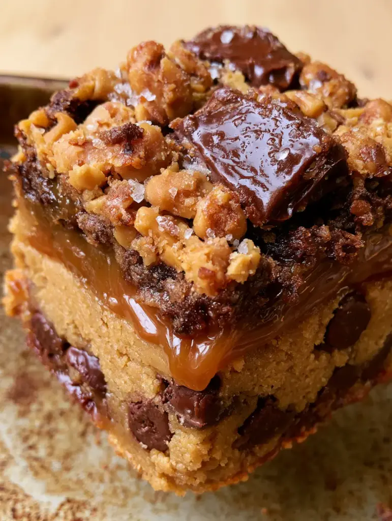 The top surface of Peanut Butter Caramel Toffee Chocolate Chip Cookie Bars encrusted with shattered golden toffee and glistening chocolate chunks.