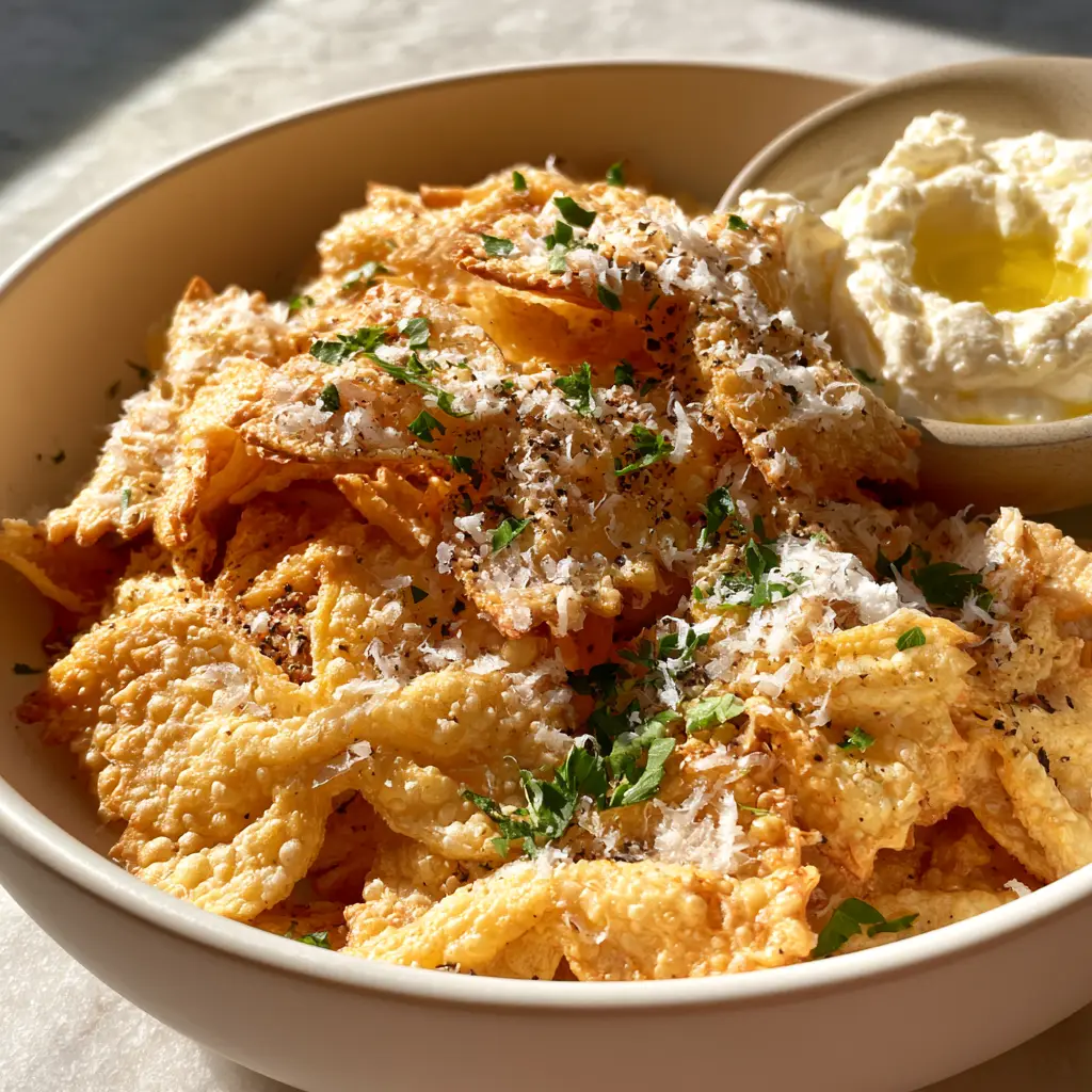 Air Fryer Pasta Chips dusted with micro-planed parmesan cheese and fresh parsley next to a bowl of creamy whipped feta.