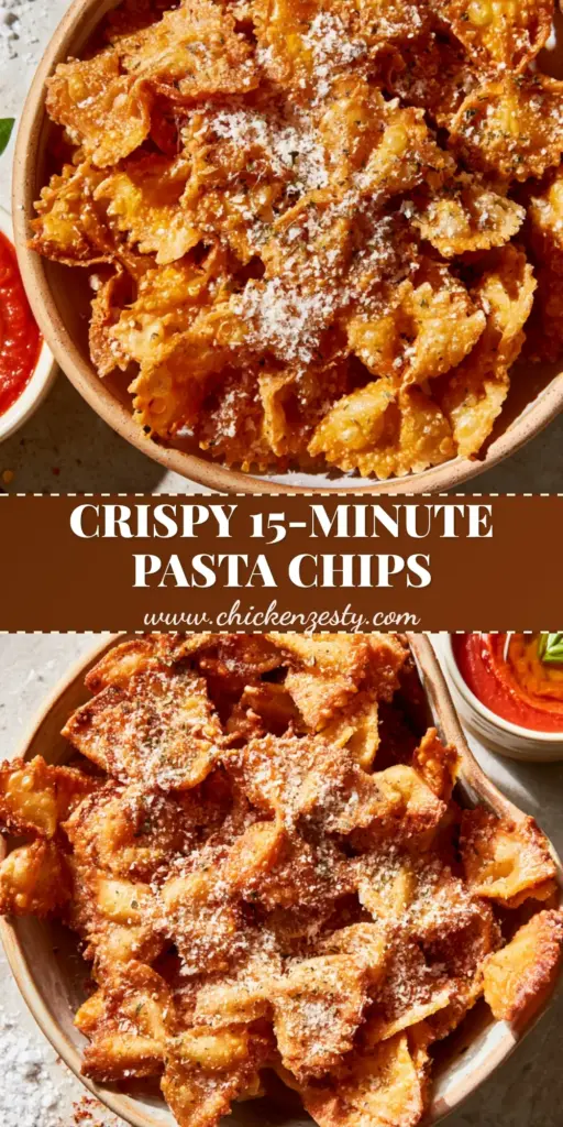 A ceramic bowl filled with golden-brown blistered bow-tie Oven-baked pasta chips dusted with parmesan and oregano flakes.