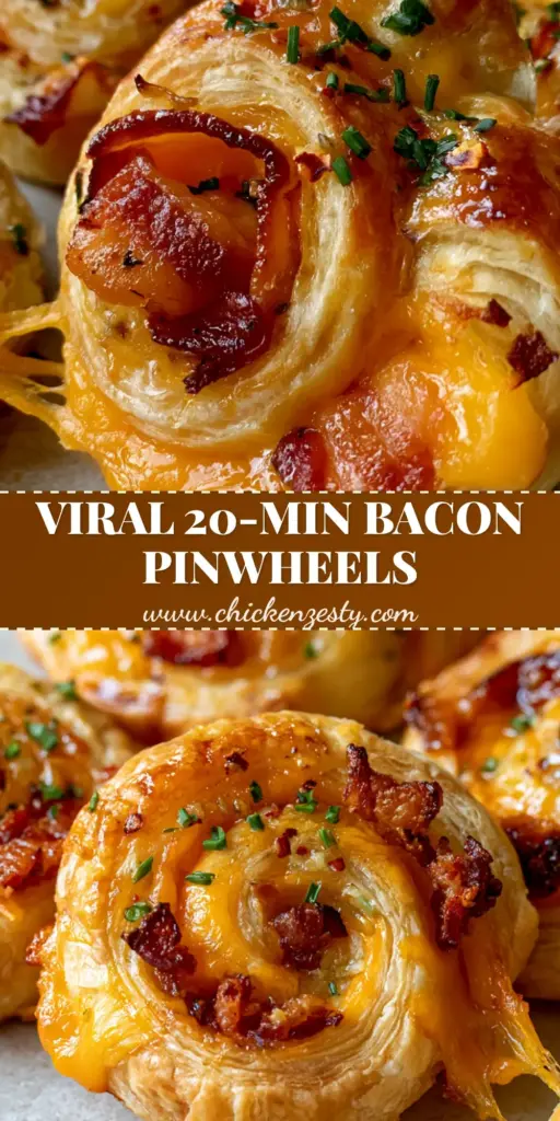 A vertical photo of bacon puff pinwheels showing golden-brown flaky layers, melted orange cheddar, and crispy bacon bits on a stone background.