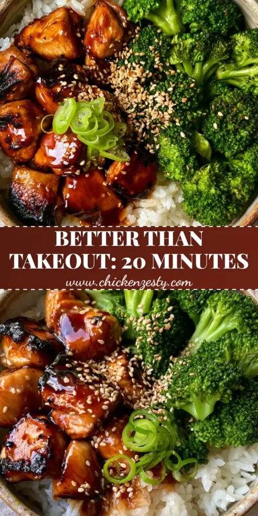 A close-up shot of Teriyaki Chicken with Broccoli featuring charred chicken, glossy mahogany sauce, and vibrant green broccoli in a rustic bowl.
