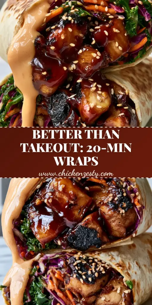Teriyaki Chicken Wrap Recipe with Creamy Chili-Garlic Sauce 3 A close-up cross-section of a teriyaki chicken wrap recipe featuring mahogany glazed chicken and purple cabbage slaw. (teriyaki chicken wrap recipe)