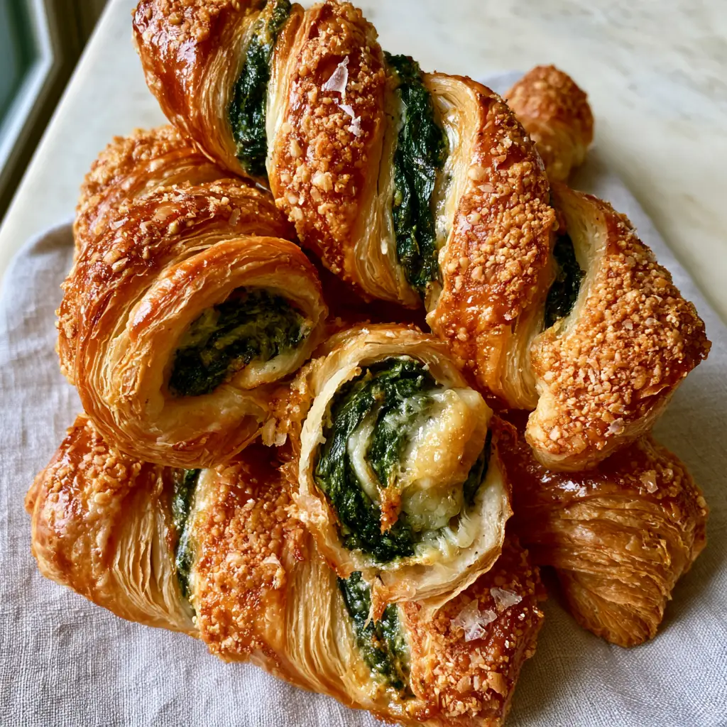 Top-down view of spiraled puff pastry Parmesan Spinach Cheese Twists encrusted with sea salt and parmesan granules.