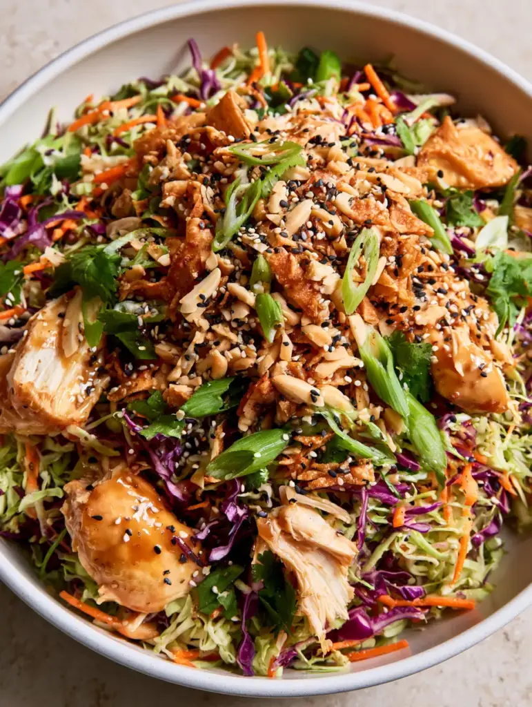 Chinese Chicken Salad: The Ultimate 10-Minute Restaurant-Style Crunch 1 A vibrant bed of green and red cabbage topped with golden wonton strips and toasted slivered almonds.