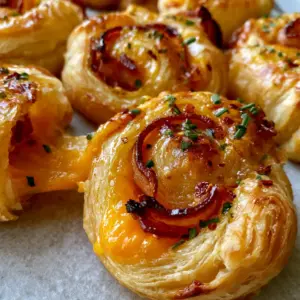 Extreme close-up of bacon puff pinwheels with butter layers, melted sharp orange cheddar, and garlic butter glaze.