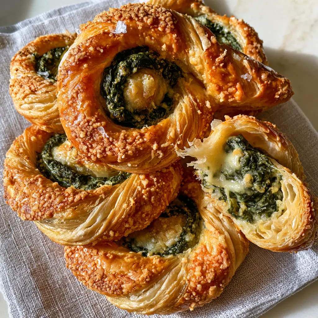 A broken Parmesan Spinach Cheese Twist revealing a steamy, soft, cheesy spinach interior.