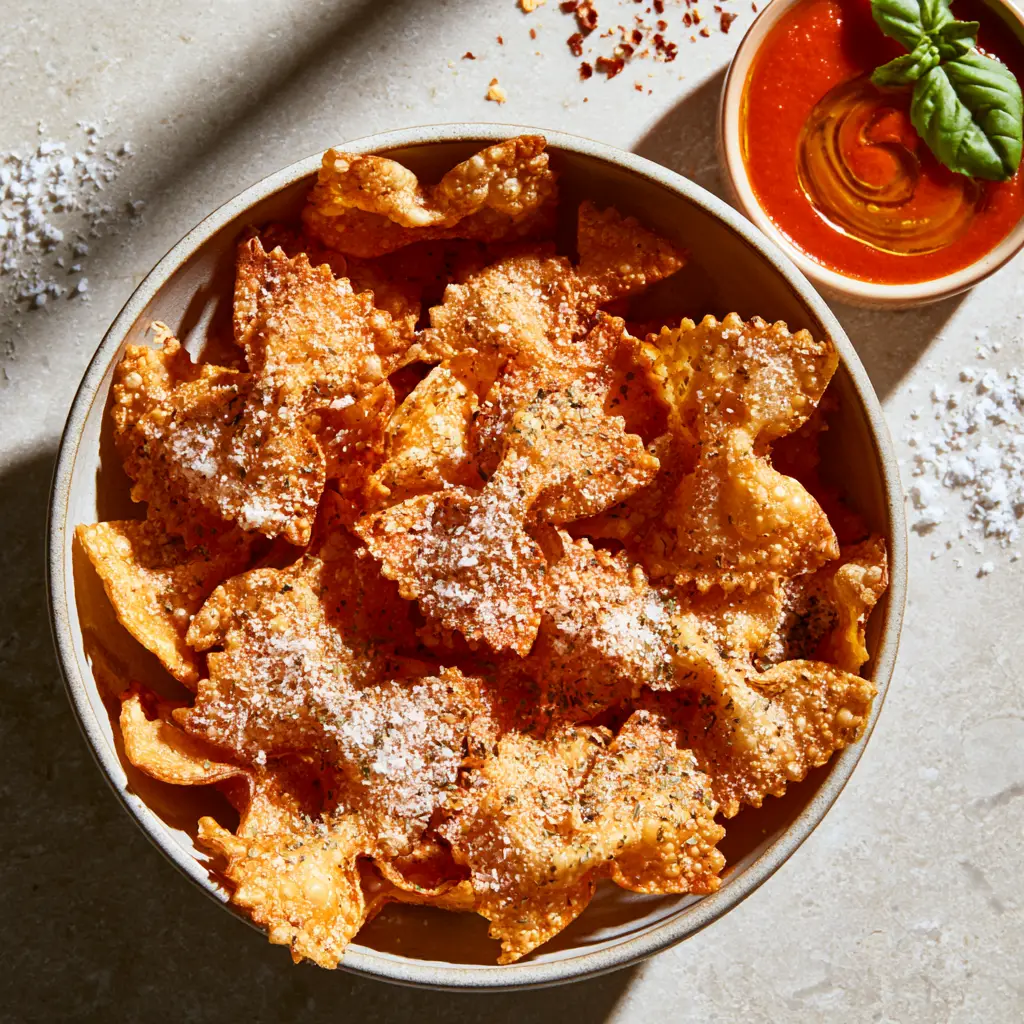 Oven-baked pasta chips scattered on a stone countertop next to a marinara dipping sauce with fresh basil and olive oil.