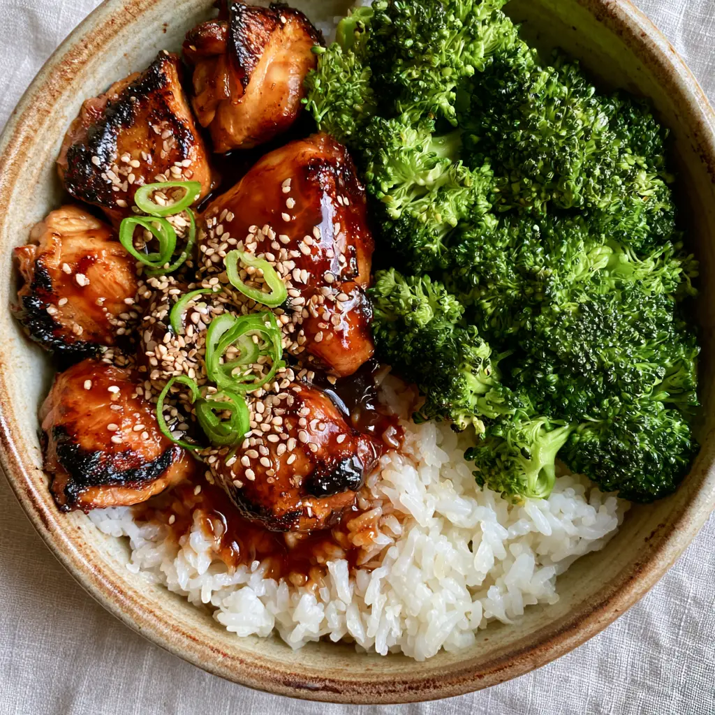 A rustic bowl of Teriyaki Chicken with Broccoli with visible steam vapors and toasted sesame seeds.