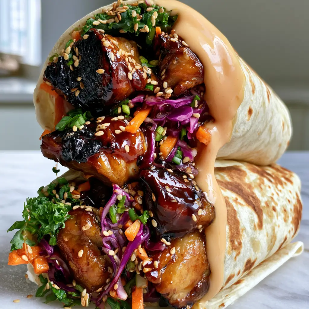 Teriyaki Chicken Wrap Recipe with Creamy Chili-Garlic Sauce 1 Two stacked teriyaki chicken wraps on a marble surface showing the vibrant kale and carrot slaw.