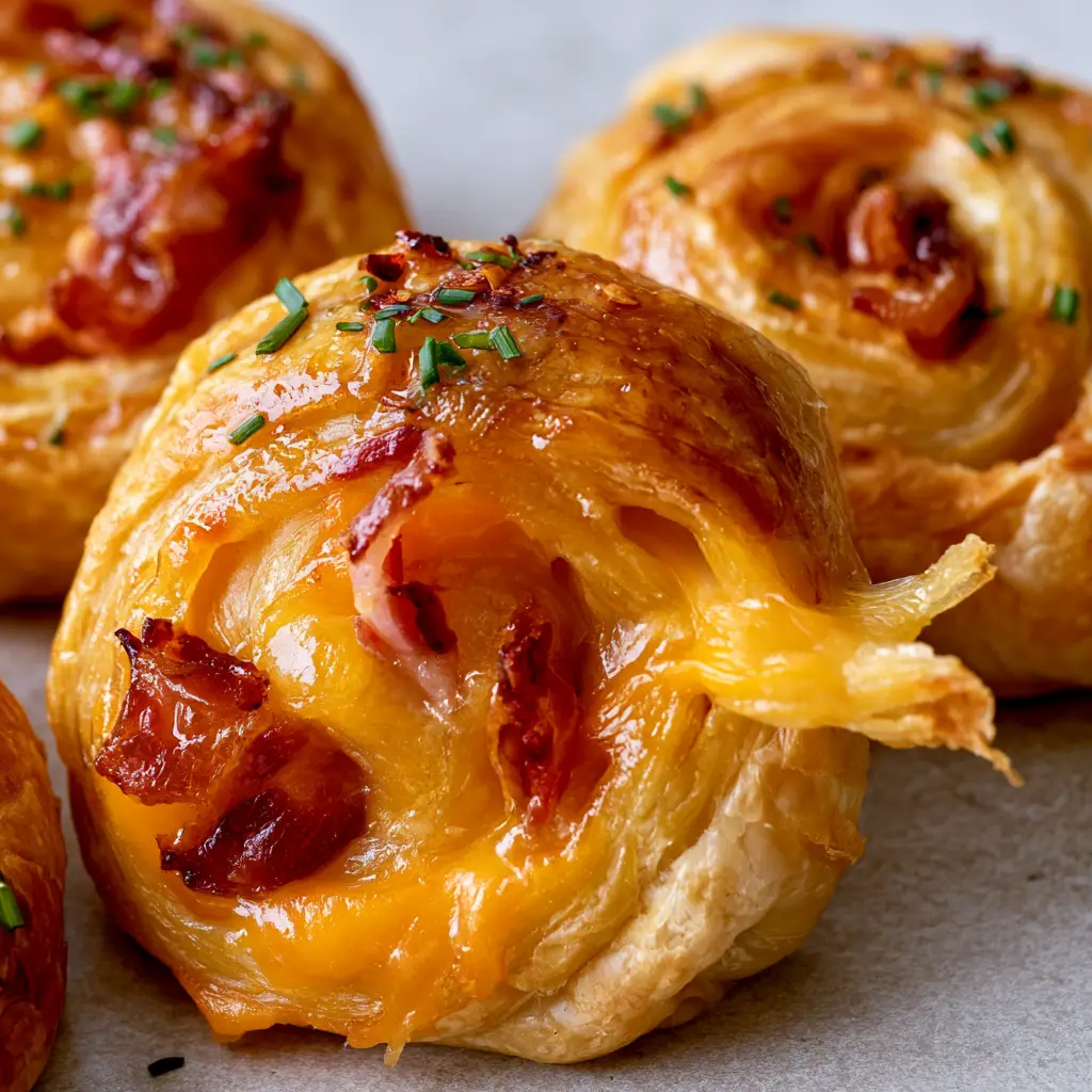 A close-up of a bacon puff pinwheel being pulled away, showing crispy charred bacon bits and fresh chives.