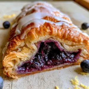Extreme macro of a sliced Blueberry Turnover revealing a thick jammy dark purple center and shattered buttery layers.