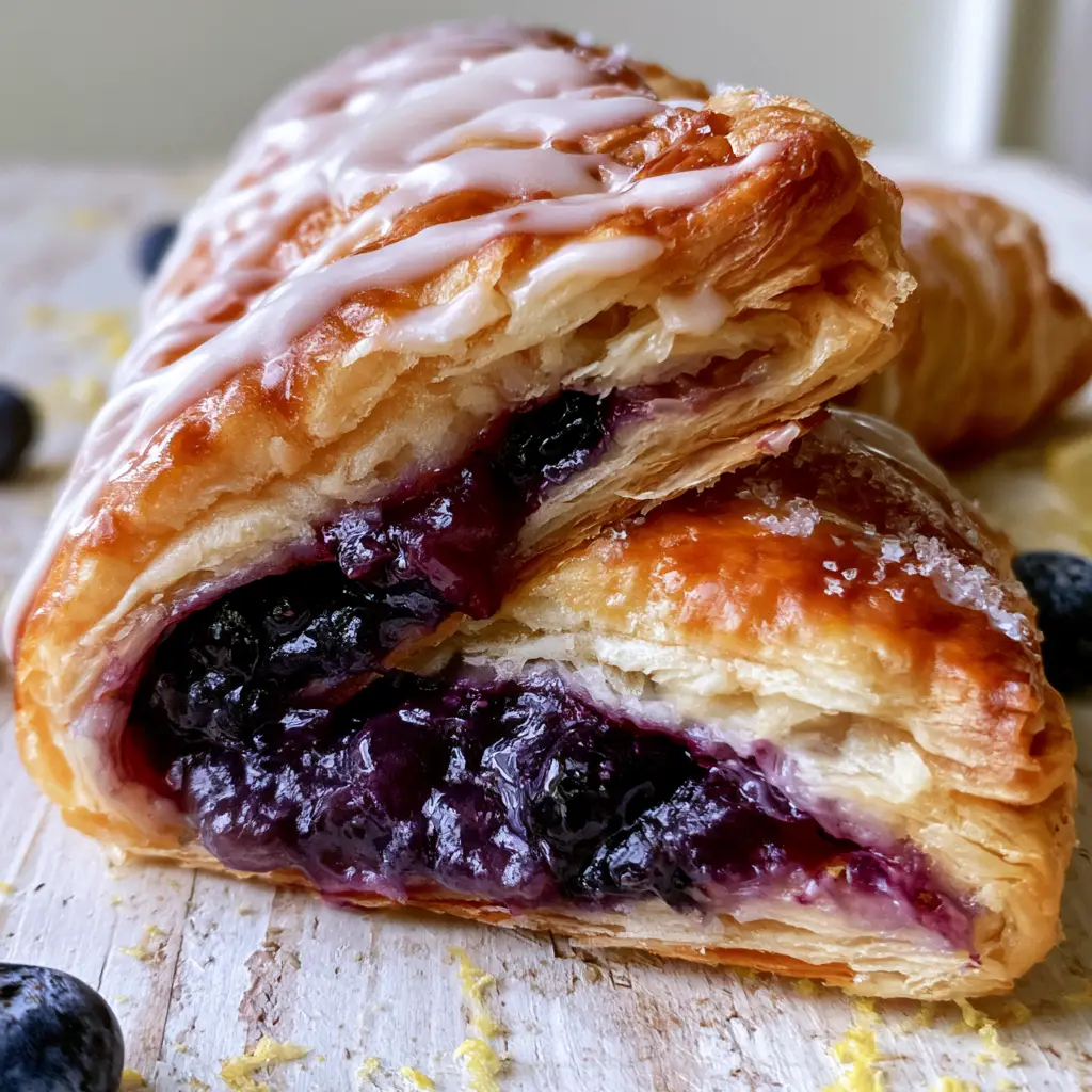 A handheld photo of a golden brown Blueberry Turnover with thick lemon glaze on a rustic table.