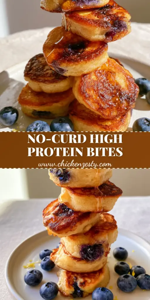 A tall precarious stack of golden-brown Cottage Cheese Pancake Bites on a matte white ceramic plate with blueberries and maple syrup.