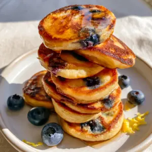 Close up of Cottage Cheese Pancake Bites showing a smooth cake-like crumb and jammy blueberries.